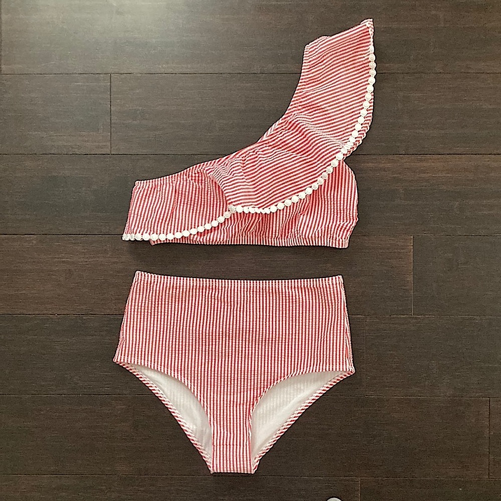 J Crew one-shoulder seersucker bikini.